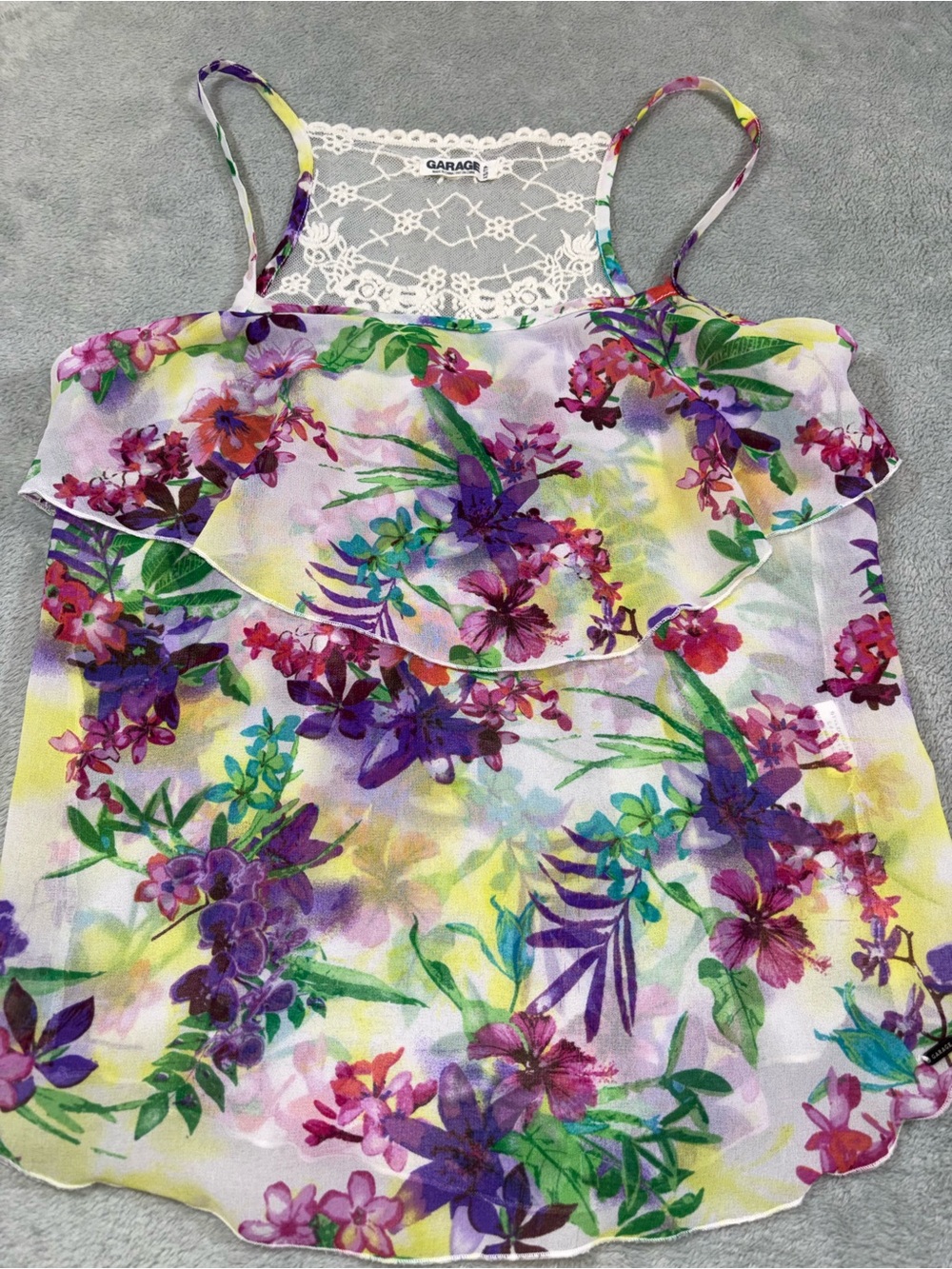 Floral Garage Flowy Tank Top with Lace Back XS